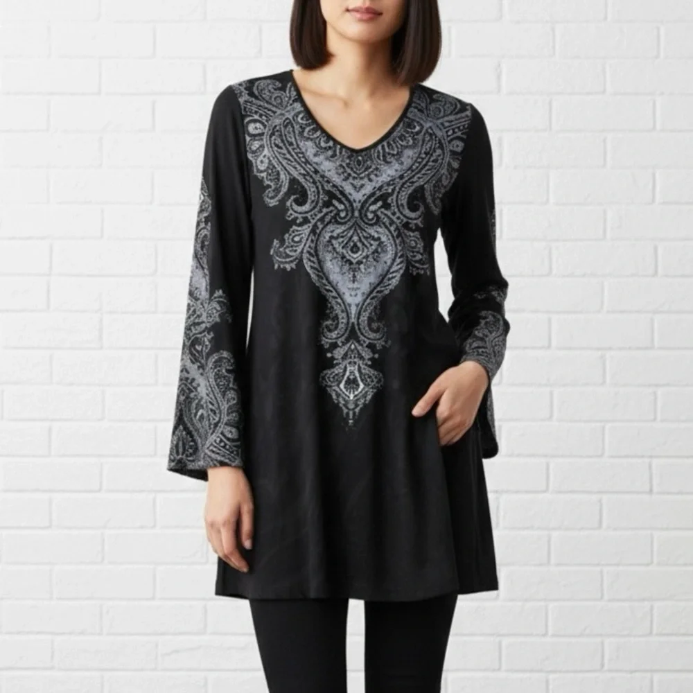 Citiknits Women’s Black and Silver Boho Bell‎ Sleeve Tunic XS Whimsigoth
